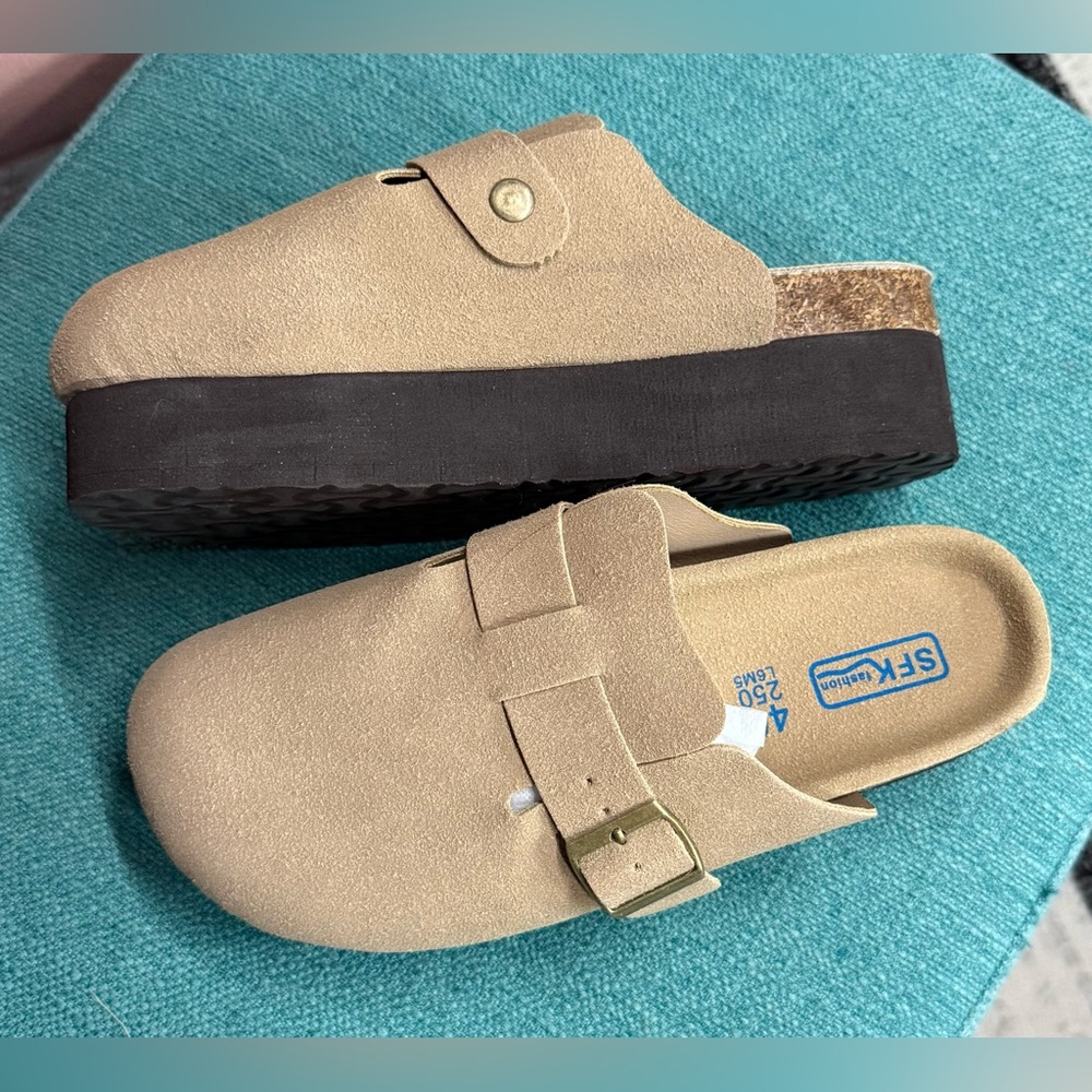 NWT PLATFORM TAN MULES, VARIOUS SIZES